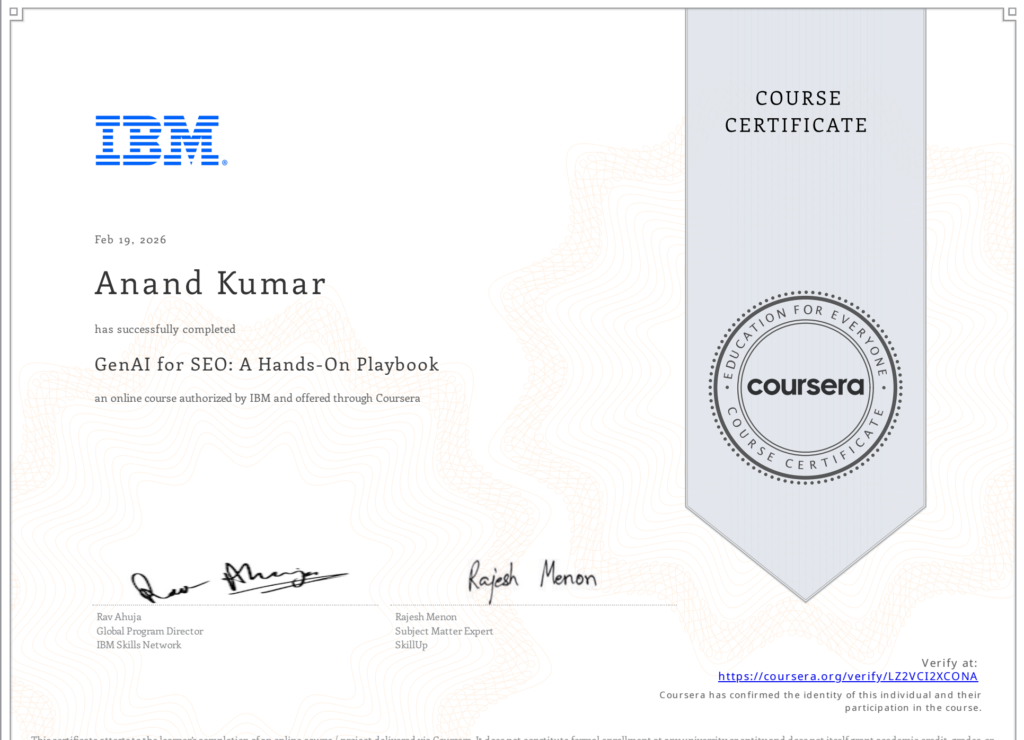 gen ai seo certification to Anand Kumar Jha aka Anandkjha- top seo expert in india